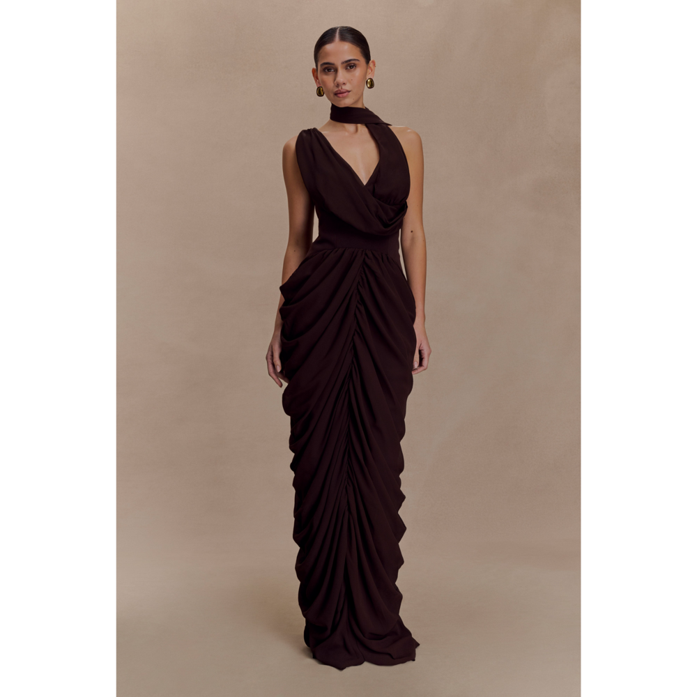 Meshki Alex Chiffon Maxi Dress in Cacao Brown - Picture 1 of 7